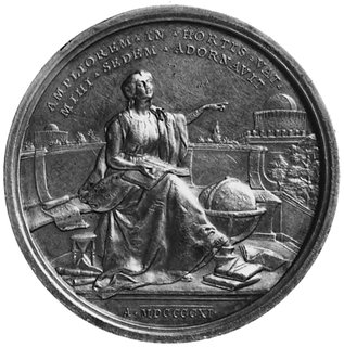 medal sygnowany BIANCHI wybity w 1911 roku, Aw: Popiersie Piusa X i napis, Rw: Siedząca postać kobiecaz księgą na kolanach, obok globus i klepsydra i inne przedmioty rozłożone u stóp, srebro 43,5 mm, 35,72 g.