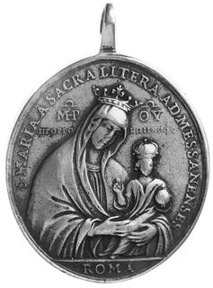 owalny medal pątniczy z uchem, koniec XVIII wieku, Aw: Madonna z Dzieciątkiem i napisy, Rw: Napis w 25wierszach, mosiądz 57,0 x 42,0 mm, 26,94 g.