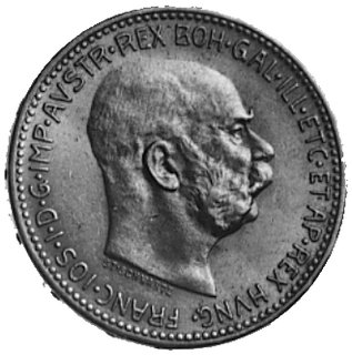 20 koron 1916, Wiedeń, Aw: Głowa i napis, Rw: Orzeł Habsburski z tarczą herbową (Bindenschild), w otokunapis