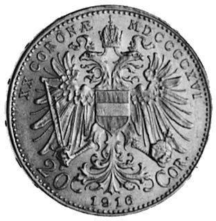 20 koron 1916, Wiedeń, Aw: Głowa i napis, Rw: Orzeł Habsburski z tarczą herbową (Bindenschild), w otokunapis