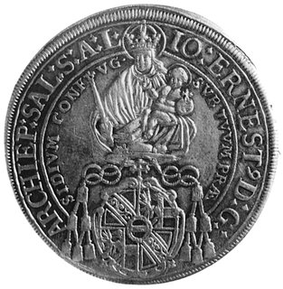 Johann Ernst von Thun und Hohenstein 1687-1709, talar 1697, Aw: Madonna, poniżej tarcza herbowa, w otokunapis, Rw: Święty Rudbertus, poniżej tarcza herbowa i napis, Dav.3510
