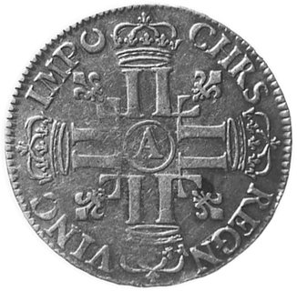 1/2 ecu 1691, Paryż, Aw: Popiersie, w otoku napis, Rw: Krzyż z liter L, w otoku napis, Gad.184