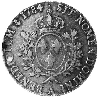 ecu 1784, Paryż, Aw: Popiersie, w otoku napis, Rw: Herb Francji w wieńcu, w otoku napis, Gad.356, Dav.1333