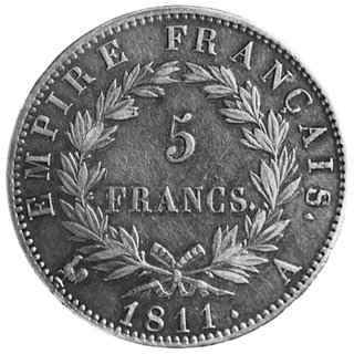 5 franków 1811, Paryż, Aw: Głowa w wieńcu, w otoku napis, Rw: Nominał w wieńcu, w otoku napis, Gad.584,Dav.85
