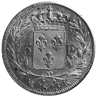5 franków 1823, Bordeaux, Aw: Głowa króla, w otoku napis, Rw: W wieńcu tarcza herbowa i nominał, Gad.614