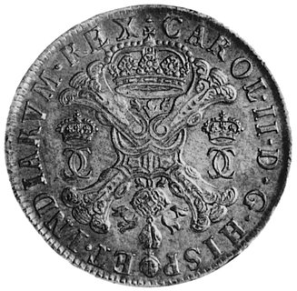 patagon 1687, Bruksela, Aw: Krzyż Burgundzki, korona, monogramy Karola II, w otoku napis, Rw: Tarczaherbowa, wokół Order Złotego Runa, w otoku napis, Delm.350, Dav.4498