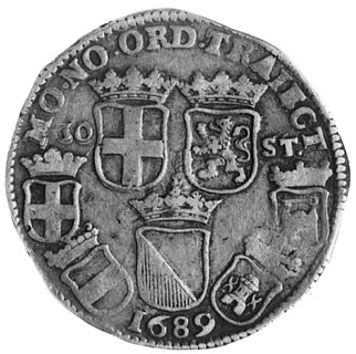 30 stuivers 1689, Utrecht, Aw: Ukoronowana tarcza herbowa trzymana przez lwy, Rw: Siedem tarczherbowych, napis i data, Delm. 1086