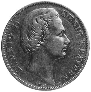 talar 1871, Monachium, Aw: Głowa króla Ludwika II, poniżej sygnatura J.RIES, w otoku napis, Rw: Ozdobnyherb, w otoku napis, Thun 106, rzadki