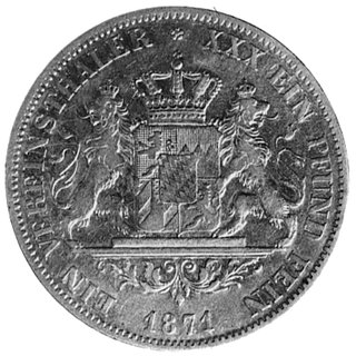 talar 1871, Monachium, Aw: Głowa króla Ludwika II, poniżej sygnatura J.RIES, w otoku napis, Rw: Ozdobnyherb, w otoku napis, Thun 106, rzadki