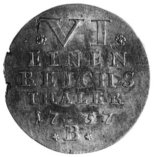 1/6 talara 1757, Aw: Popiersie Fryderyka II, w otoku napis, Rw: Poziomy napis w pięciu wierszach, Schon 91