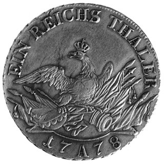 talar 1778, Berlin, Aw: Głowa w wieńcu laurowym, w otoku napis, Rw: Orzeł na trofeach wojennych, poniżejdata, powyżej napis, Schr.464