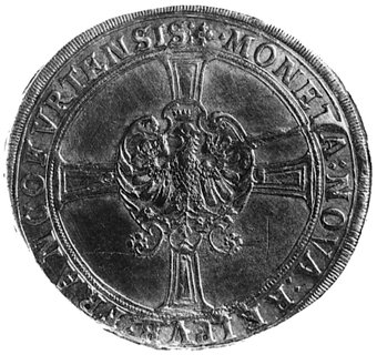 talar 1637, Aw: Orzeł Frankfurcki w kartuszu na tle krzyża, w otoku napis, Rw: Orzeł cesarski, powyżejw napisie data i litery AM, Dav.5293