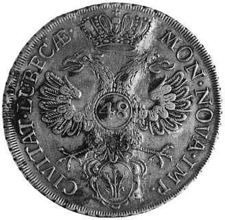 48 szylingów 1752, Aw: Tarcza herbowa w kartuszu, w otoku napis, Rw: Orzeł cesarski, liczba 48 pośrodku,w otoku napis