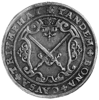 August 1553-1586, talar 1567, Drezno, Aw: Tarcza herbowa i napis, Rw: Napis w dziewięciu wierszach,Dav.9800, ładna patyna
