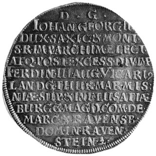 Jan Jerzy 1656-1680, talar wikariacki 1657, Drezno, Aw: Książe na koniu i napis, Rw: Napis w dwunastuwierszach, Dav.7630 (awers), Dav.7628 (rewers)