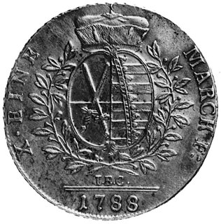 talar 1788, Drezno, Aw: Głowa w prawo, w otoku napis, Rw: Tarcza herbowa w wieńcu, poniżej litery I.E.Ci data, w otoku X.EINE- MARCK F., Dav.2691