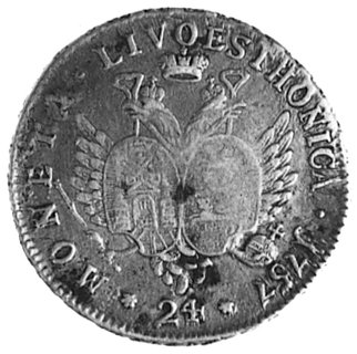 Liwo-Estonika, 24 kopiejki 1757, Aw: Popiersie Elżbiety i napis, Rw: Orzeł z dwoma tarczami z herbami Rygii Rewalu oraz napis, Fed.1078 R