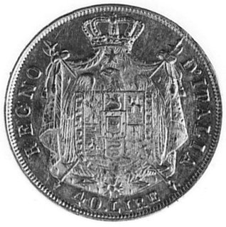 Napoleon 1805-1814, 40 lirów, Mediolan, Aw: Głowa w lewo, poniżej data i napis w otoku, Rw: Herb podkoroną, nominał i napis, Fr.5