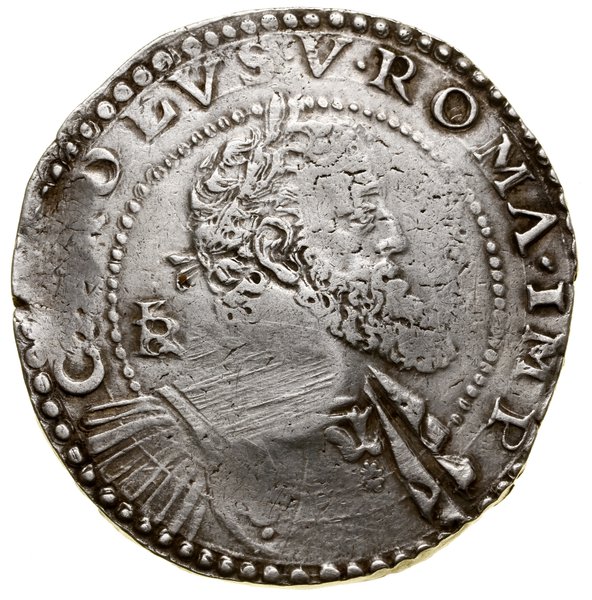Złoty polski kontrasygnowany na patace (półtalarze) neapolitańskiej cesarza Karola V,  kontrasygnatura - 1564, Wilno lub Tykocin