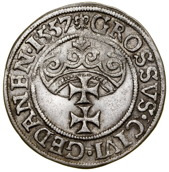 Grosz, 1557, Gdańsk; duża głowa króla, końcówka 