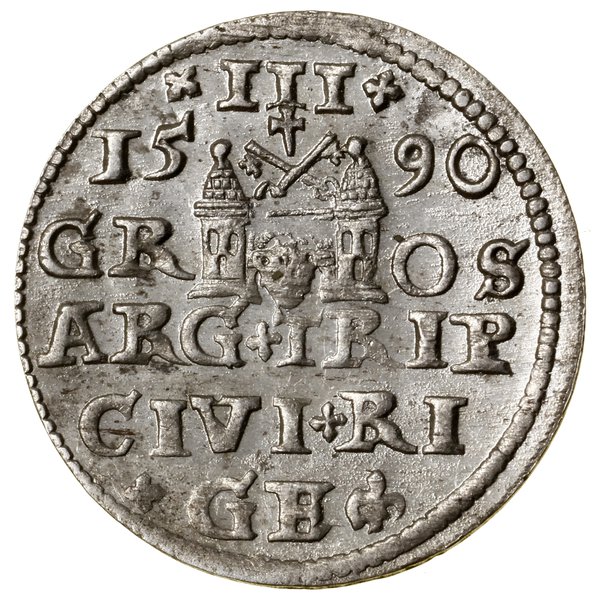 Trojak, 1590, Ryga; mała głowa króla; Iger R.90.