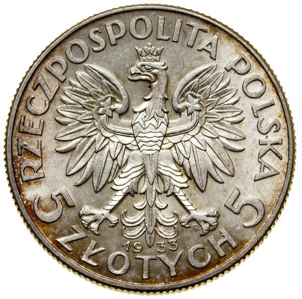 5 złotych, 1933, Warszawa; Głowa kobiety w czepc