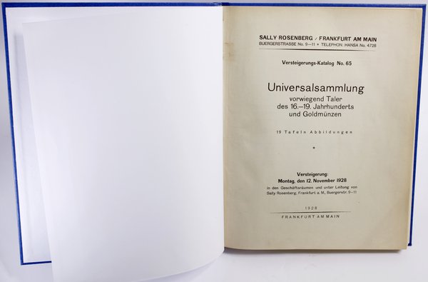 Sally Rosenberg, Versteigerungs-Katalog No. 65. Universalsammlung vorwiegend Taler des 16.–19.  Jahrhunderts und Goldmünzen