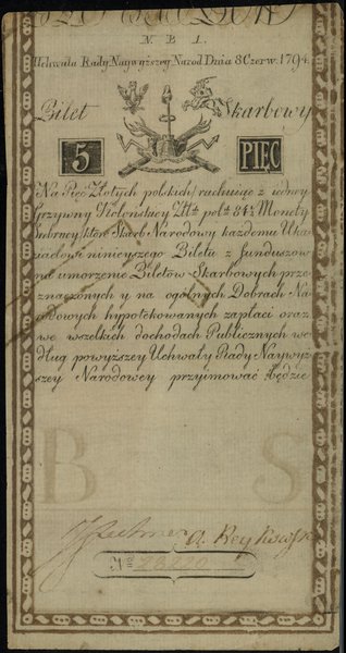 5 złotych, 8.06.1794; seria N.B.1, numeracja 282