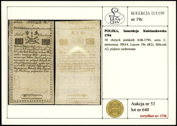 10 złotych, 8.06.1794; seria C, numeracja 30614,