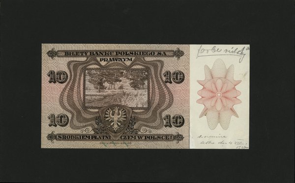 Próbne druki kolorystyczne strony głównej i odwrotnej banknotu 10 złotych, 2.01.1928