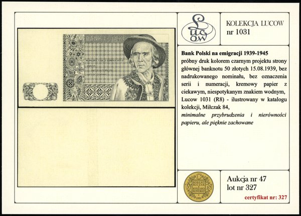 Próbny druk kolorem czarnym projektu strony głównej banknotu 50 złotych, 15.08.1939