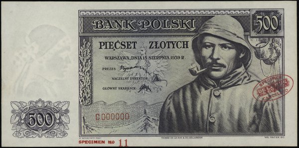 500 złotych, 15.08.1939; seria C, numeracja 0000