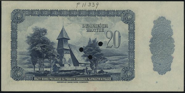20 złotych, 20.08.1939; numeracja 00000, czerwon