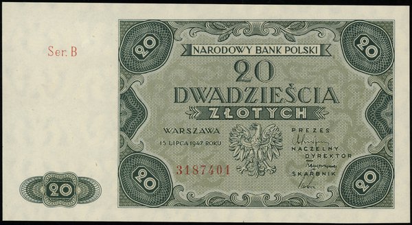 20 złotych, 15.07.1947; seria B, numeracja 31874