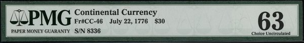 30 dolarów, 22.07.1776; numeracja 8336; Friedber