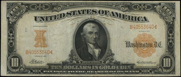 10 dolarów w złocie, 1907; seria B 40553640, żół