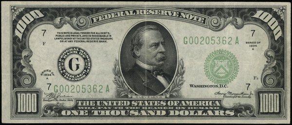 1.000 dolarów, 1934; seria G 00205362 A, zielona