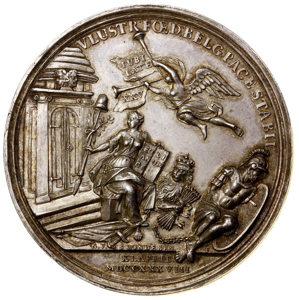 Medal na pamiątkę 25. rocznicy zawarcia pokoju w Utrechcie, 1738, wykonał N. von Swinderen