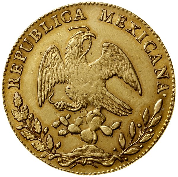 8 escudos, 1854 Mo, Mexico City; data przebita z