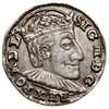 Trojak, 1590, Olkusz; herb Lewart w ozdobnej owalnej tarczy, znak ruszt za koroną, duża głowa król..