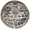 Trojak, 1596, Wilno; typ monety z herbem Chalecki u dołu, pod nim herb Prus bez kropek po bokach; ..
