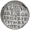 Trojak, 1590, Ryga; mała głowa króla, interpunkcja w formie krzyżyków; Iger R.90.1.e, ale krzyż na..