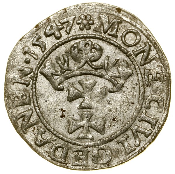 Szeląg, 1547, Gdańsk; znaki inicjalne: na awersi
