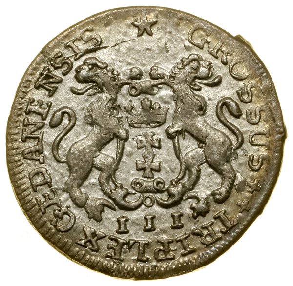 Trojak, 1755, Gdańsk; pod herbem Gdańska cyfra I