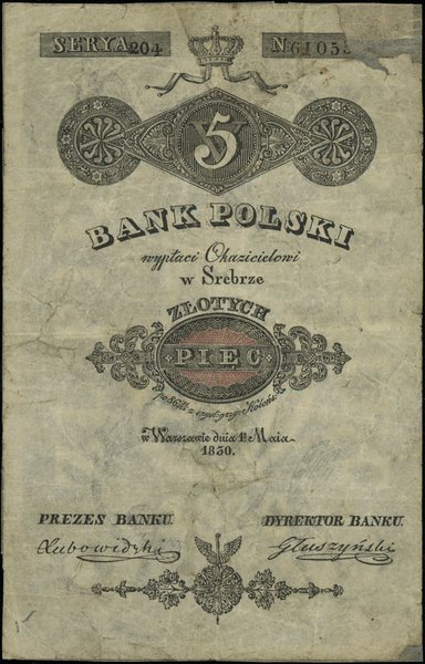5 złotych, 1.05.1830; podpisy prezesa i dyrektor
