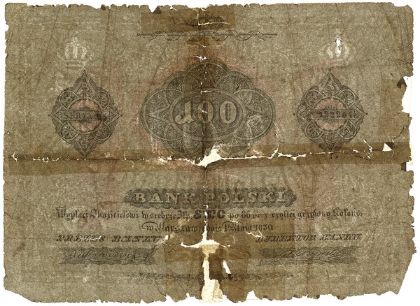 100 złotych, 1.05.1830; podpisy prezesa i dyrekt