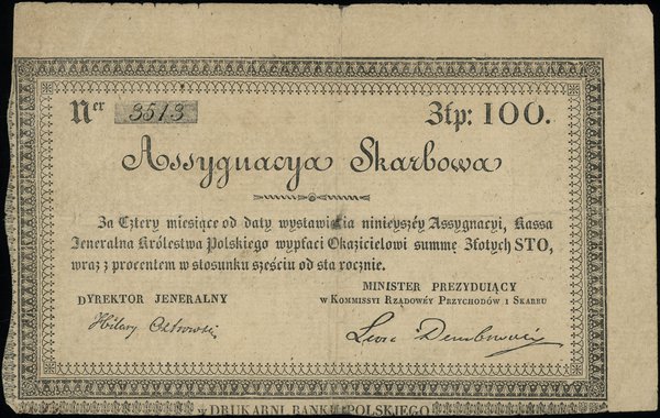 Asygnacja skarbowa na 100 złotych, 1831; podpisy