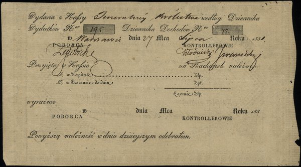 Asygnacja skarbowa na 200 złotych, 1831; podpisy