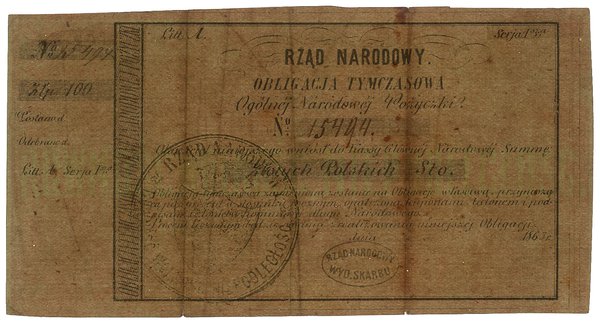 Obligacja tymczasowa na 100 złotych z roku 1863;