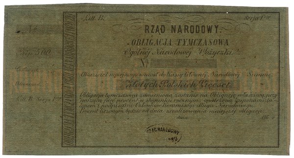 Blankiet obligacji tymczasowej na 500 złotych z roku 186.